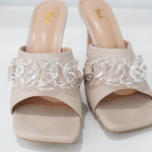 Beige Faux Suede Tan Heeled Sandals Open Toe